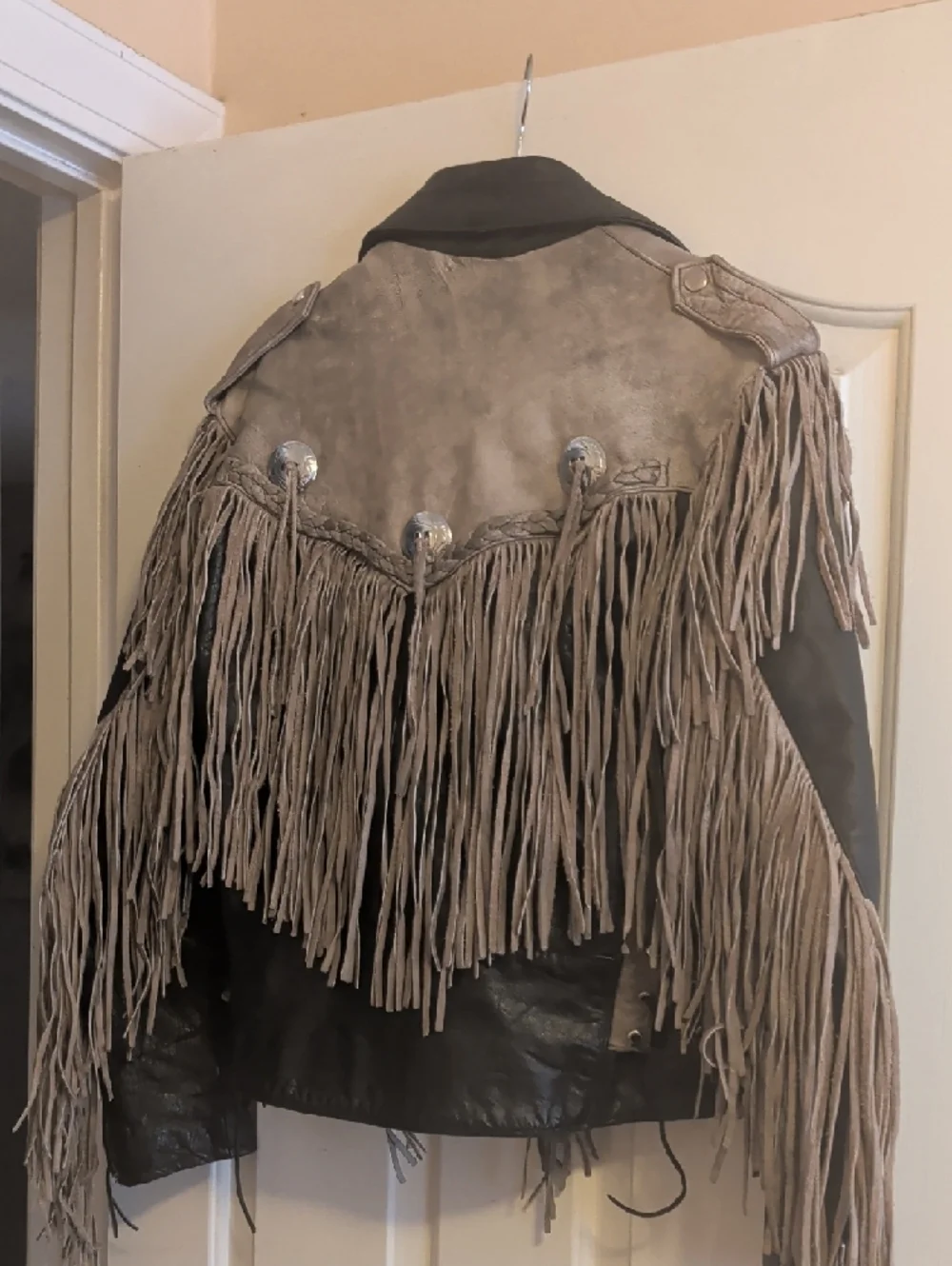Two-Tone Fringed Leather Moto Jacket in Gray and Black - Picture 3 of 10